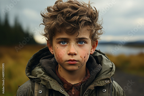 Close up view on little boy in postapocalypse era, forest on background photo