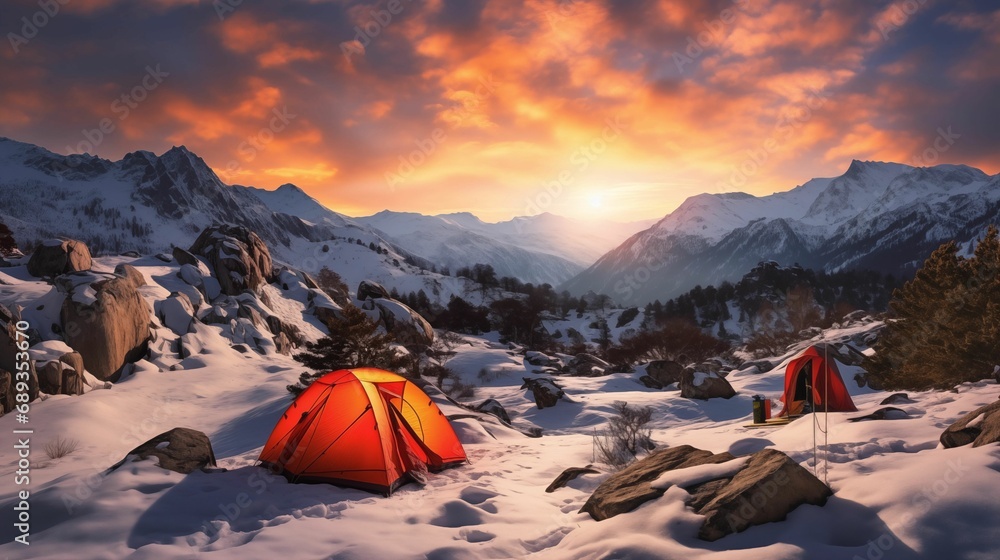 Winter landscape capturing the essence of camping in the snowy mountains.