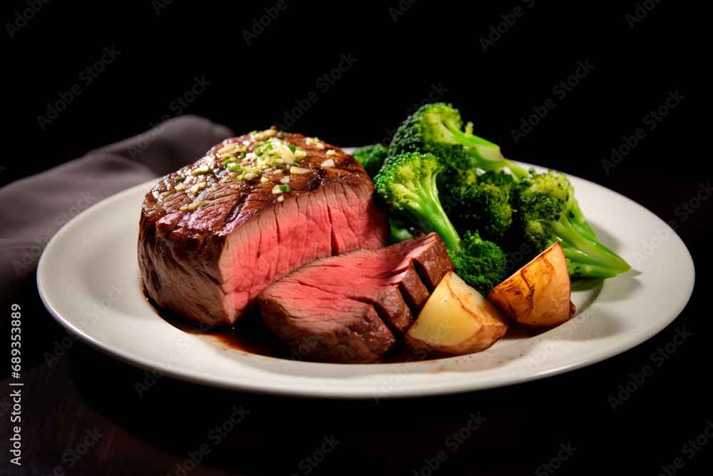 Closeup view of Medium rare roasted beef meat on plate. Slices of juicy beef steak or angus steak
