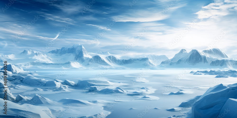 Majestic Arctic Winter Landscape with Glaciers, Frozen Sea, and Blizzards