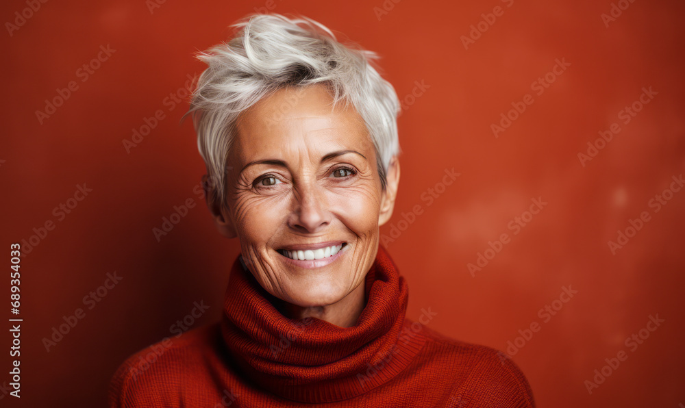 Elegant senior woman with short white hair and a warm smile wearing a red turtleneck, against a rich terracotta background Elegant senior woman with short white hair and a warm smile wearing a red turtleneck, against a rich terracotta background