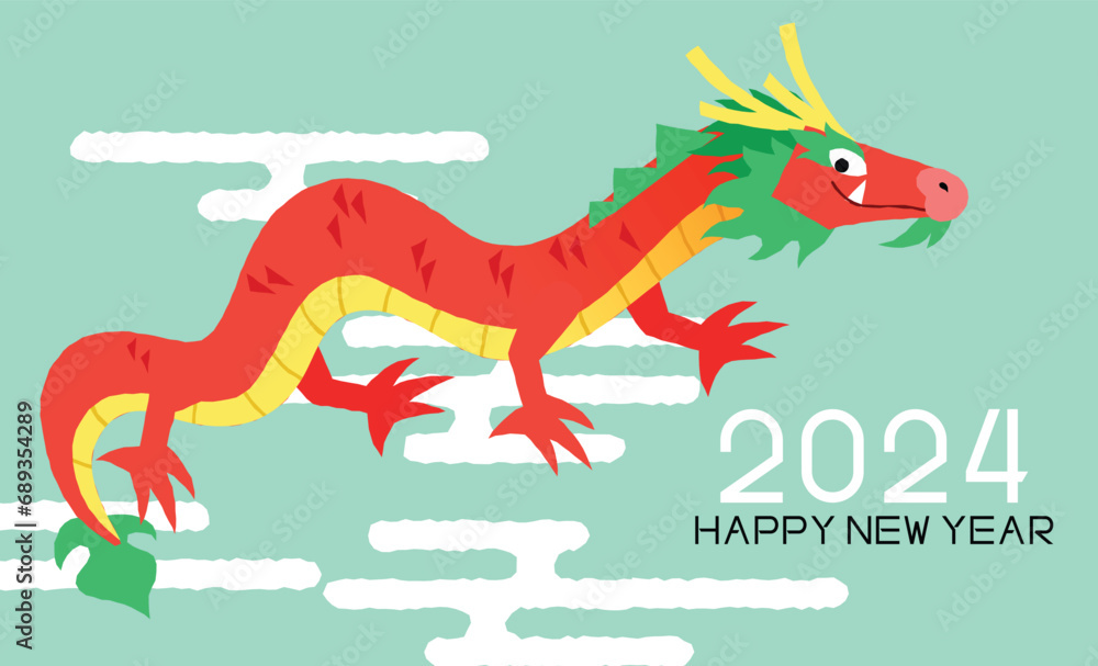 Flying asian dragon funny greetings card 2024. Happy lunar new year vector card 2024. Year of the dragon greetings card with oriental clouds pattern.