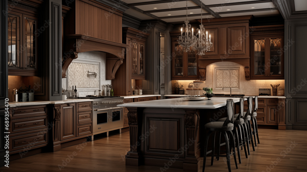 Grand Classic Kitchen with Ornate Woodwork and Chandelier