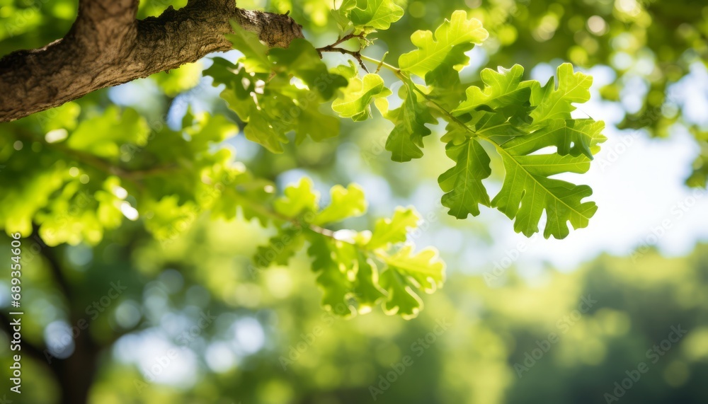 Golden sunlight filtering through lush oak tree leaves in a serene natural environment