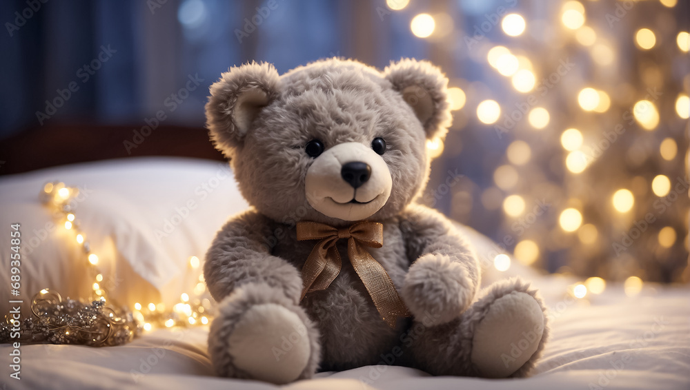 Cute fluffy teddy bear toy sitting on the bed in the bedroom Cute fluffy teddy bear toy sitting on the bed in the bedroom