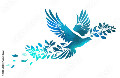 Peace bird. Blue dove with a twig abstraction. hand drawing. Not AI, Vector illustration