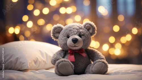 Cute teddy bear toy sitting on the bed in the bedroom © tanya78