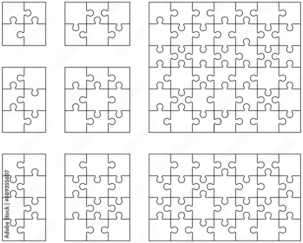 Separate pieces of eight white jigsaw puzzles Separate pieces of eight white jigsaw puzzles