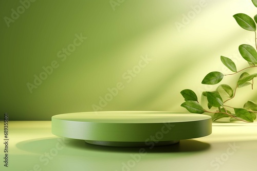 3D green product podium display with green background and tree shadow,summer product mockup background