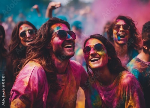 a group of friends having fun together together at holi fest  depth of field