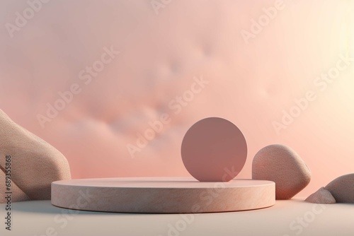3d render round platform on water with glass wall panels. Minimal landscape mockup for product showcase banner in rainbow colors. Modern design promotion mock up.