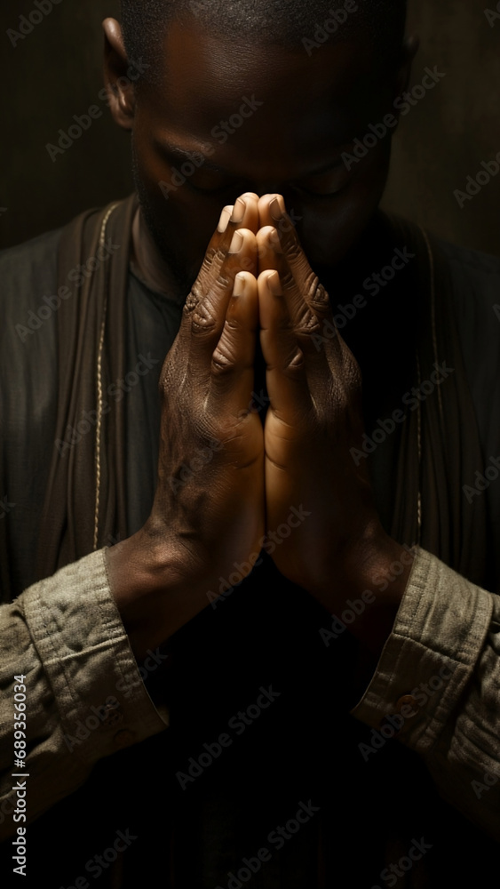 African American man praying in dark environment African American man praying in dark environment