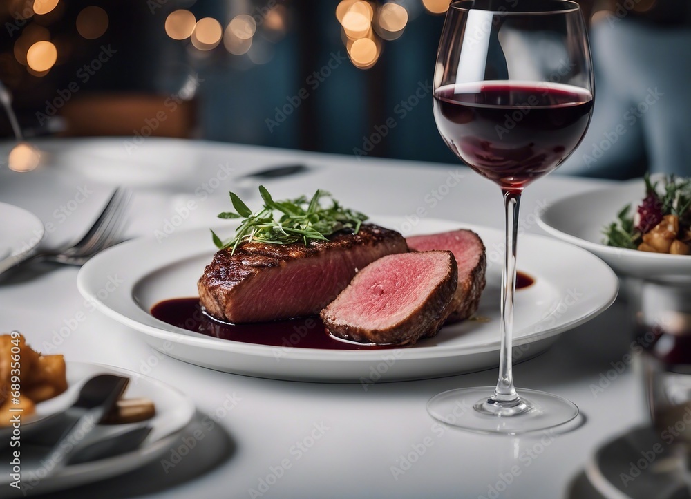 a glass of red wine and medium rare tenderloin
a glass of red wine and medium rare tenderloin