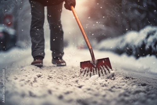 A person using a snow shovel to clear snow