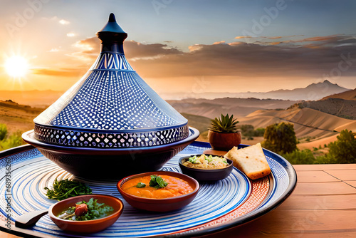 Traditional moroccan tajine of chicken with dried fruits and spices photo