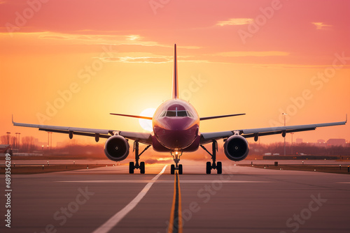 Photo of landing plane on runway in golden hour