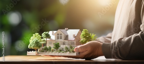 Foto 3d house model held in hands on blurred background   insurance and bank loan con