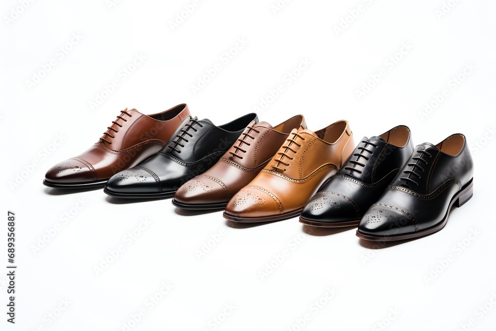 classic formal occasion shoes collection Set of classical leather Cap Toe Oxfords and Wingtip brogue shoes white background