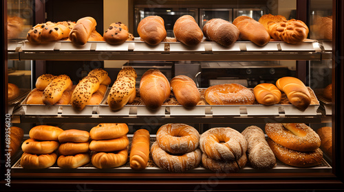 Display of Fresh Breads and Bagels in the Bakery Showcase