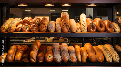 Assorted Fresh Breads and Bagels in the Bakery Window