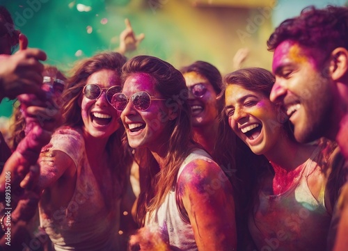 a group of friends having fun together at holi fest 