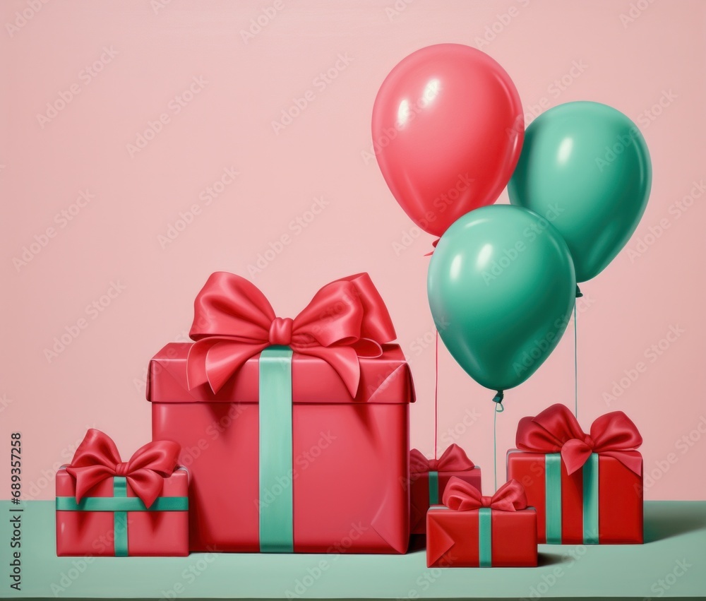 Lustrous pink wrapped gift boxes with a satin bow next to floating teal balloons on a soft pink background Lustrous pink wrapped gift boxes with a satin bow next to floating teal balloons on a soft pink background