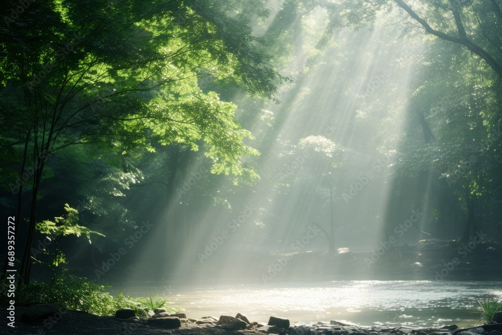 Captivating sunbeams casting a magical glow in a serene misty forest with radiant sunlight rays