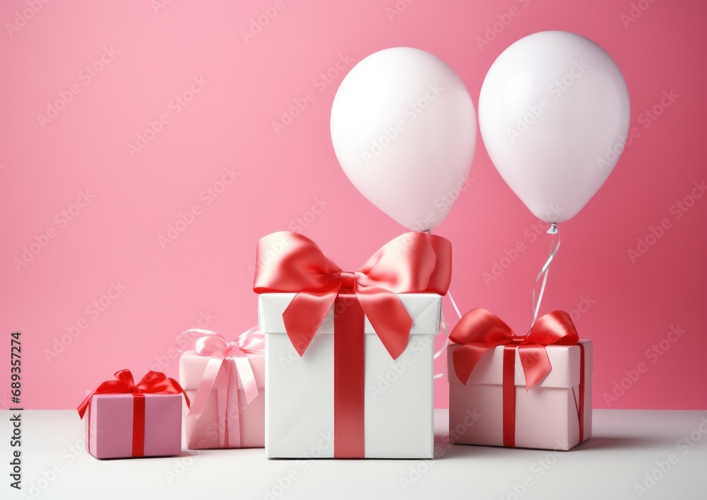 Chic white and pink gifts tied with a red satin ribbon and white and pink balloons on a pink background