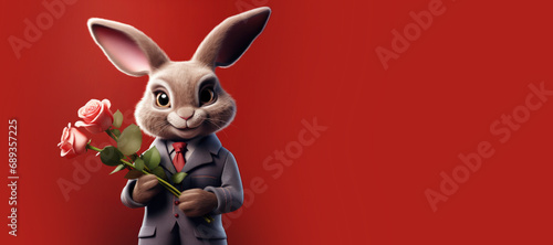 Cute Cartoon Bunny Rabbit Holding a Bouquet of Red Roses for Valentines Day with Space for Copy