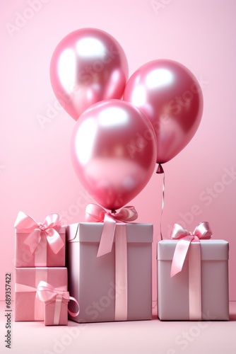 Three glossy pink balloons tied to elegant grey gift boxes with pink ribbons on a pink background