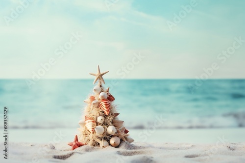 Small seashell christmas tree on the beach with copy space