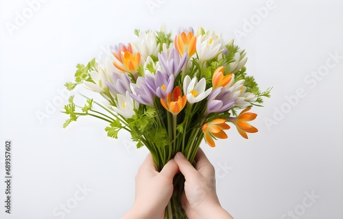 woman hands is holding a festive bouquet with snowdrops and striped crocus flowers on white background