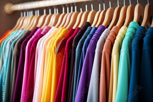Vibrant and stylish fashion clothes displayed on colorful clothing rack in a spacious closet