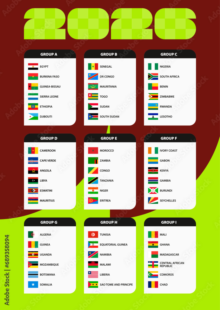Flag of football tournament qualification for Africa. Flags sorted by group. Flag of football tournament qualification for Africa. Flags sorted by group.