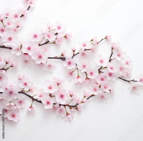 colorful pink blossoming cherry blossom branches shot against a white background,
