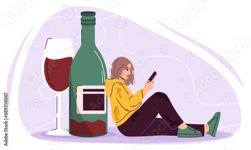 Woman with alcoholism concept. Young girl near bottle with alcoholic drink and glass. Mental disorders and addition to alcohol. Person with bad habit. Cartoon flat vector illustration