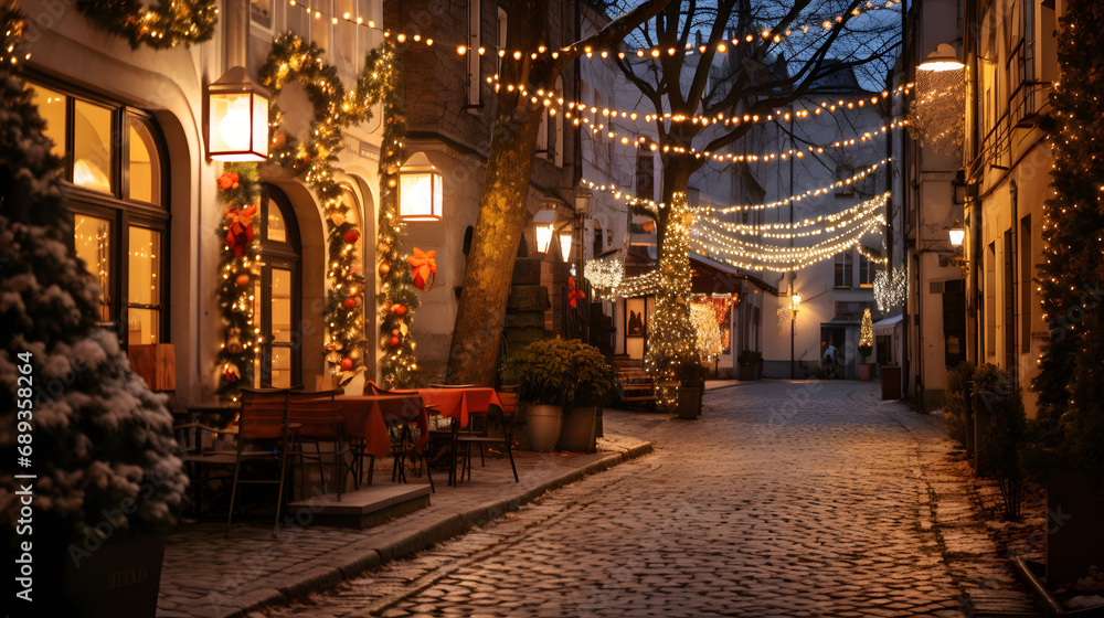 Christmas in a small European town cobblestone streets fairy lights --ar 16:9 --v 5.2 --style raw - obrazy, fototapety, plakaty 
