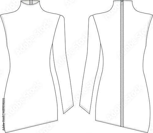 high neck single sleeve long sleeve asymmetric straight zipper mini dress template technical drawing flat sketch cad mockup fashion woman