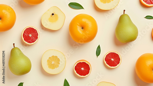 Fresh fruits. Pattern of fruits and berries on a beige background. Flat design. 
