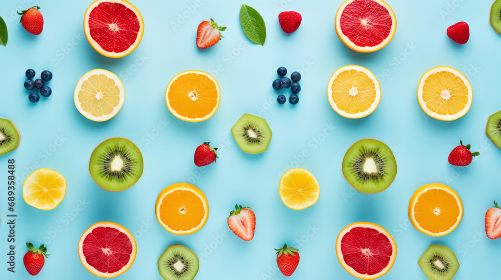 Fresh fruits. Pattern of fruits and berries on a blue background. Flat design. Fresh fruits. Pattern of fruits and berries on a blue background. Flat design.