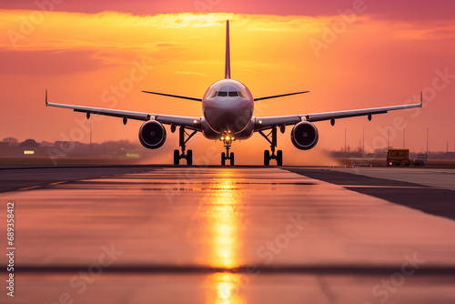 Photo of landing plane on runway in golden hour © Kalim