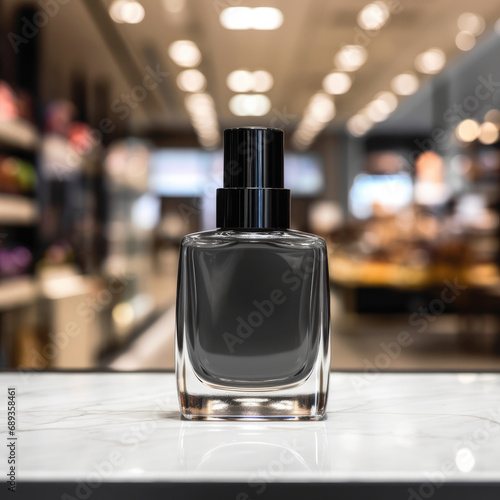 cosmetic bottle with blank front, realistic on a mockup template in a table