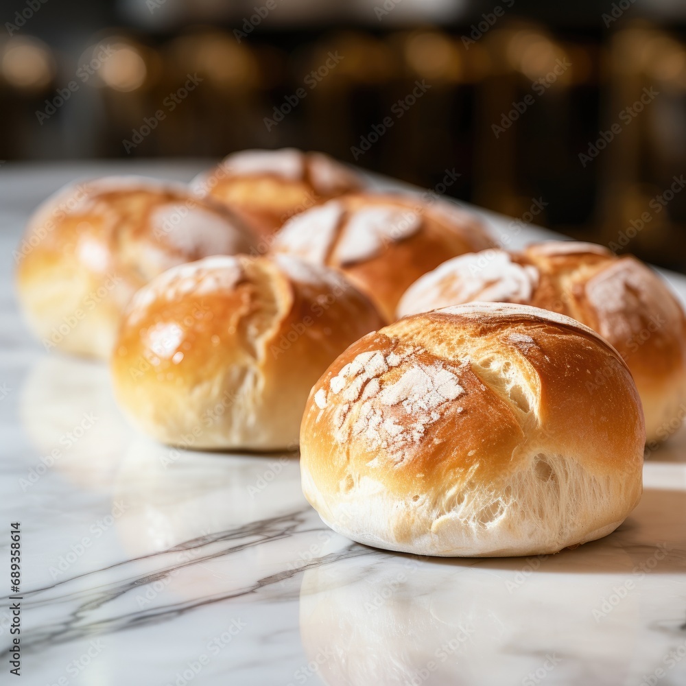 Delicious bread rolls on a marble counter top.