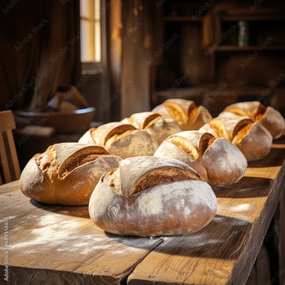 Rustic loaves of bread on a wooden farmhouse table.