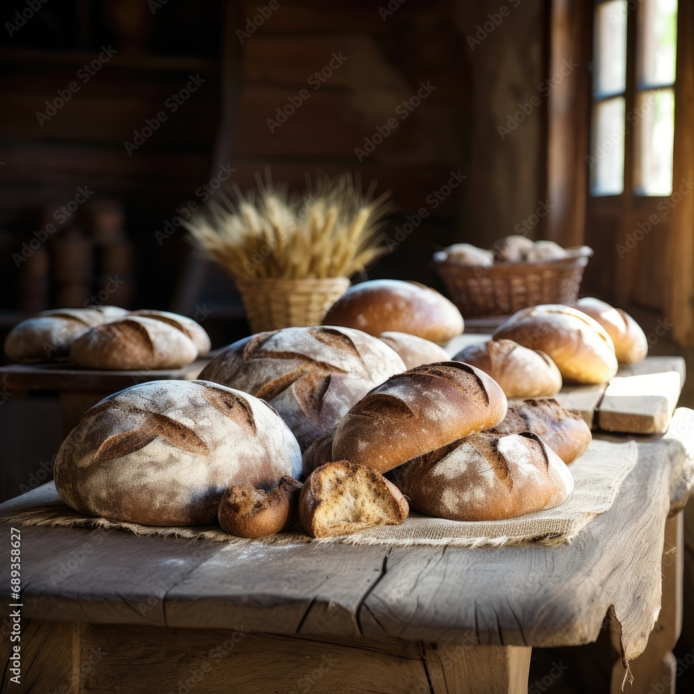 Rustic loaves of bread on a wooden farmhouse table.