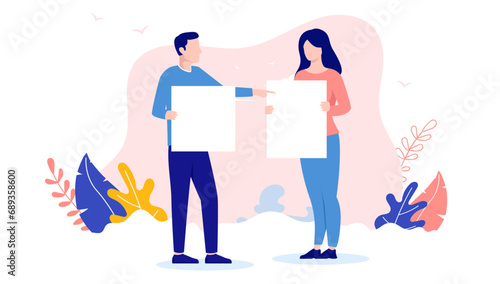 Two people holding white empty posters - Man and woman standing with blank sign in hands in flat design vector illustration with white background