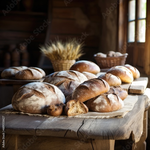 Rustic loaves of bread on a wooden farmhouse table.