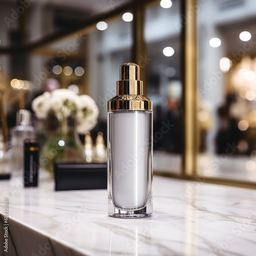 cosmetic bottle with blank front, realistic on a mockup template in a table