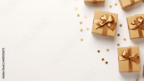 Many beautiful gift boxes with golden satin ribbon and bow on white background.Holiday gifts with Birthday or Christmas present, flat lay, happy mother day copy space. Generative AI.