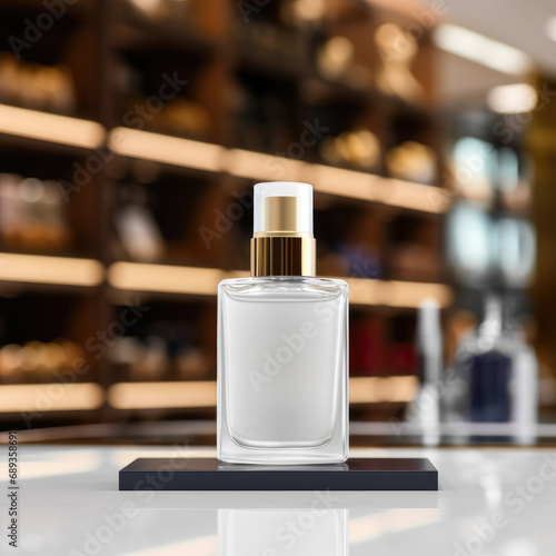 cosmetic bottle with blank front, realistic on a mockup template in a table